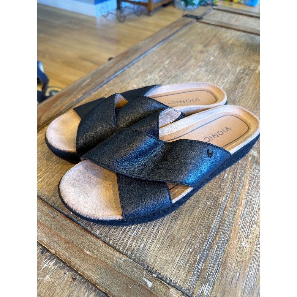 Vionic Hayden Black Leather Crisscross Platform Slide Sandals Womens 7.5